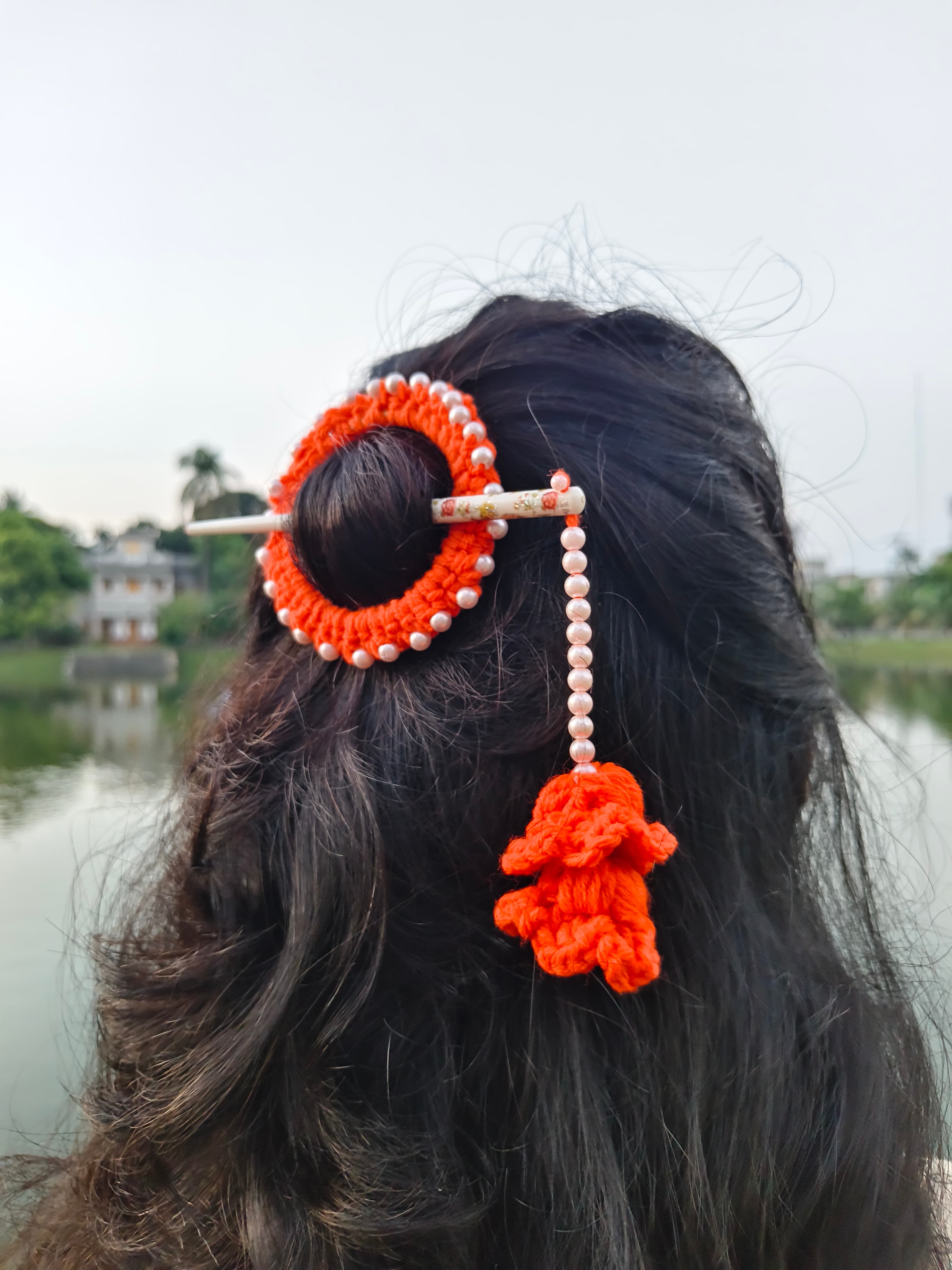 Crochet Hair Bun Stick with Pearls